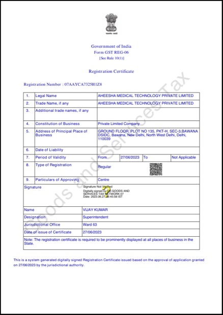 GST Registration — Delhi, certificate number 07AAYCA7325H1Z8