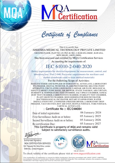 IEC 61010-2-040:2020 Safety Compliance, certificate number IEC/24M084