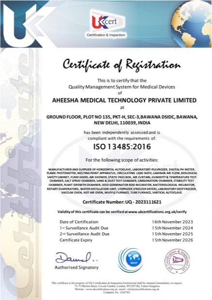 ISO 13485:2016 Quality Management System for Medical Devices, certificate number UQ-2023111621